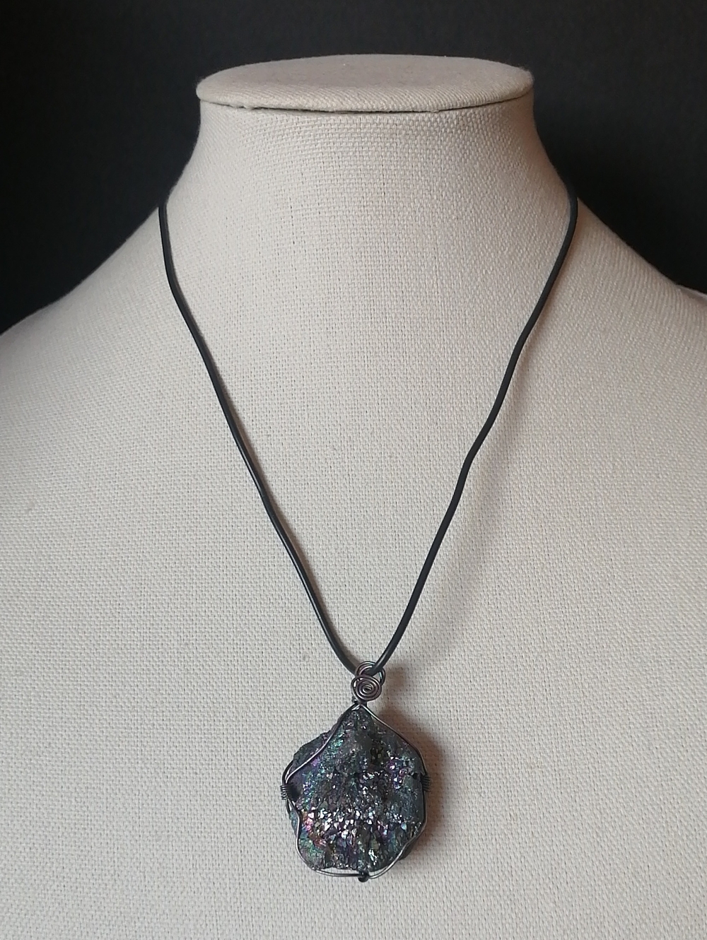 Artisan Wire-wrapped Rainbow Iridescent Titanium Druzy Quartz Pendant on Cord